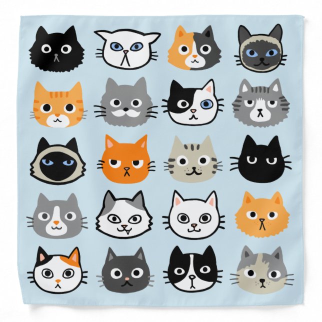 Cat Faces Pattern | Cool Kitty Cat Lover's Blue Bandana (Front)