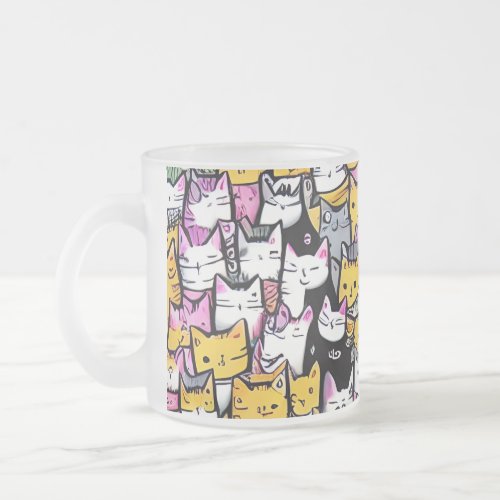 Cat faces pattern doodle cute comic feline kitties frosted glass coffee mug