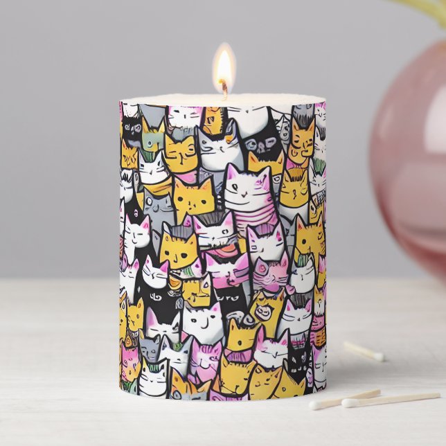 Cat faces pattern doodle kitties feline pets cute pillar candle (In Situ)