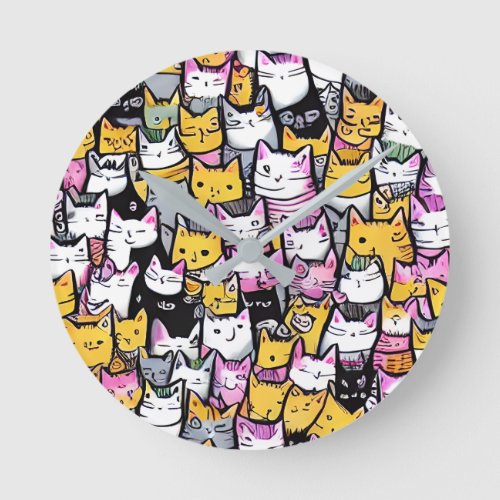 Cat faces pattern doodle pattern cute feline pets round clock