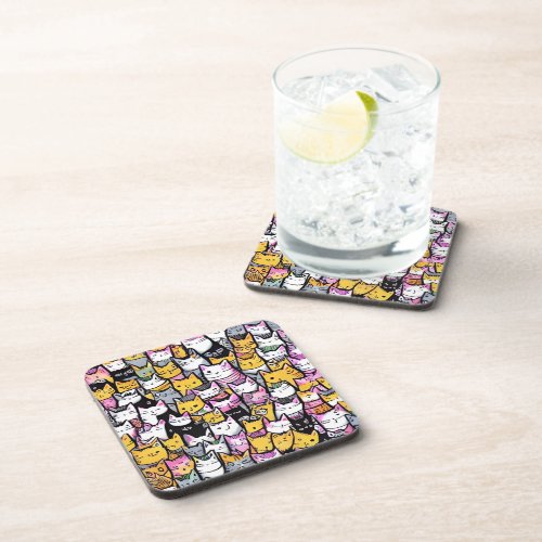 Cat faces pattern doodle print feline kitties cute beverage coaster