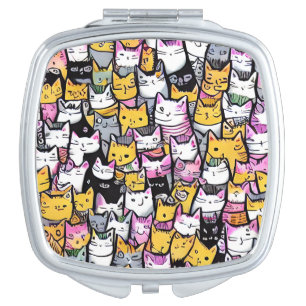 Cat faces pattern doodle print feline kitties cute compact mirror