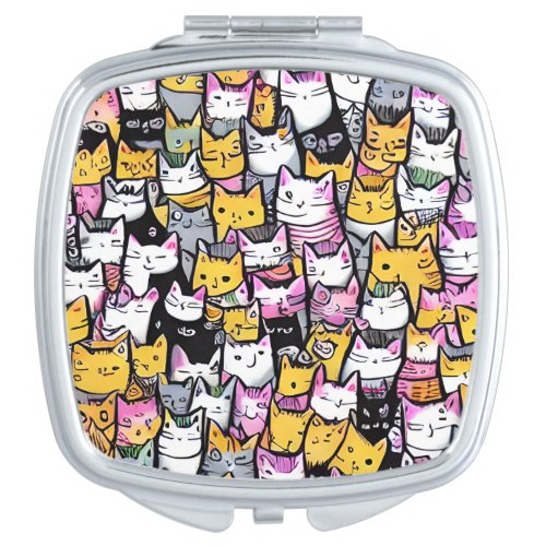 Cat faces pattern doodle print feline kitties cute compact mirror