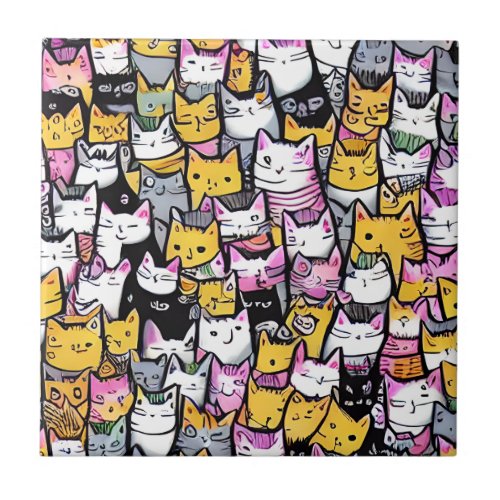 Cat faces pattern doodle print feline kitties fun ceramic tile