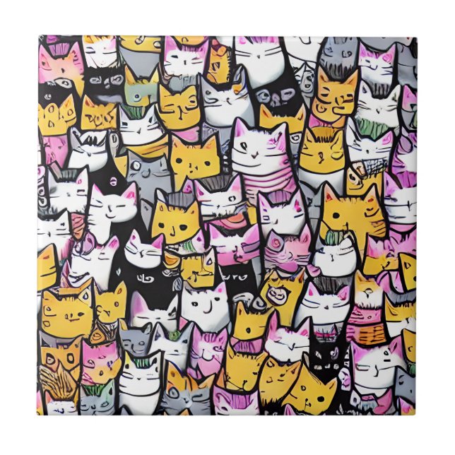 Cat faces pattern doodle print feline kitties fun ceramic tile (Front)