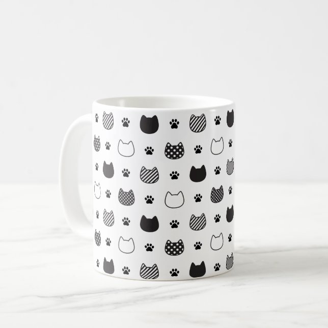 Cat Faces & Paws Mug – Black & White (Front Left)