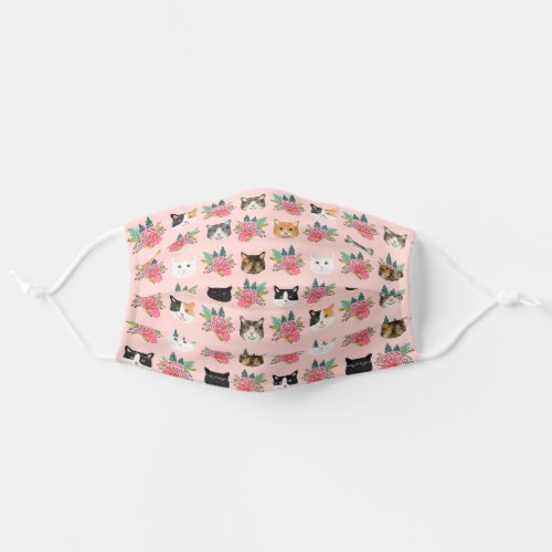 Cat faces pink floral adult cloth face mask