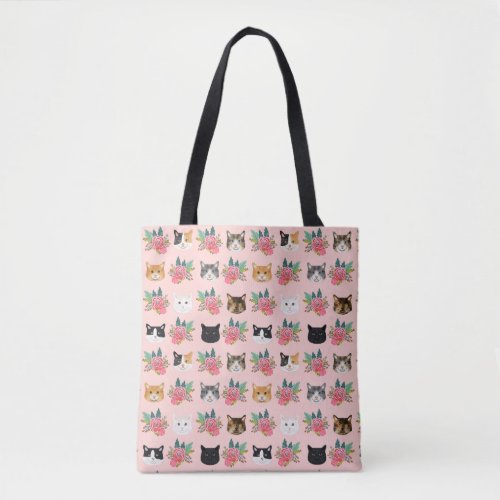 Cat faces pink florals cute cat lady tote bag