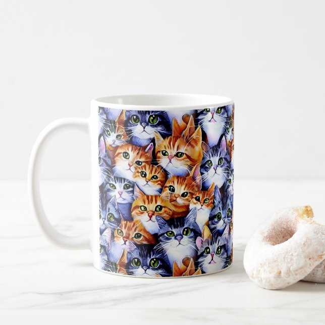 Cat faces print cartoon collage pattern cute coffee mug (With Donut)