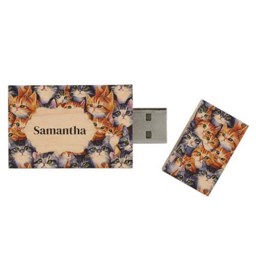 Cat faces print cute collage pattern custom name wood flash drive