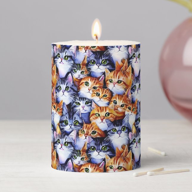 Cat faces print pet animals print collage pattern pillar candle (In Situ)