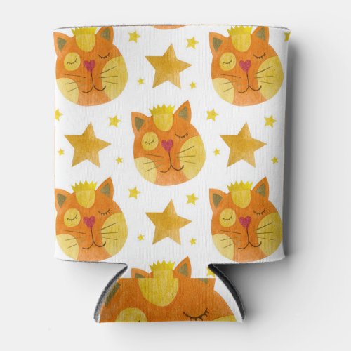 Cat Faces  Stars Watercolor Pattern Can Cooler
