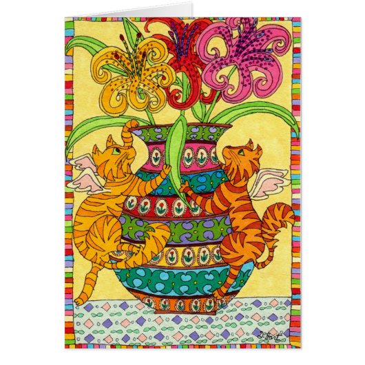 Cat Fairies with Ornate Vase of Lilies Cards (Front)