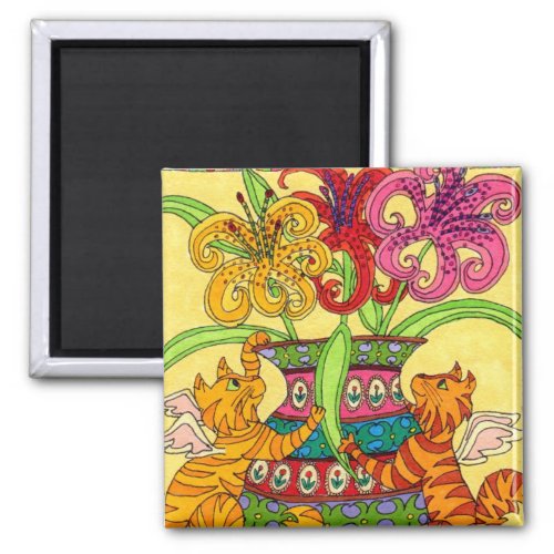 Cat Fairies with Ornate Vase of Lilies Magnet