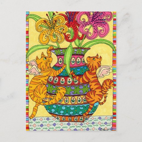 Cat Fairies with Ornate Vase of Lilies Postcard
