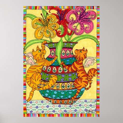 Cat Fairies with Ornate Vase of Lilies Poster