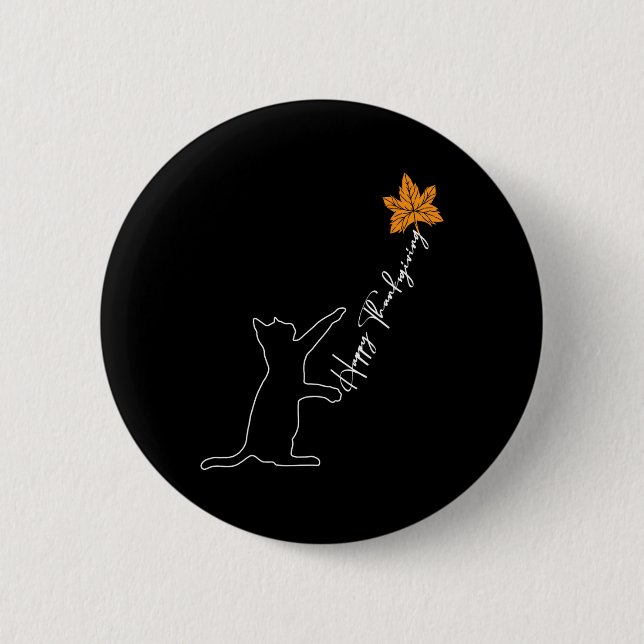 Cat Fall Leaf Balloon Thanksgiving Day Cute Kitten Button (Front)