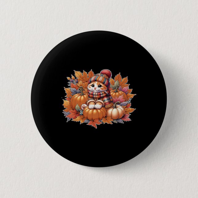 Cat-fall-leaves-hello-autumn-cat-kitten-lover-than Button (Front)