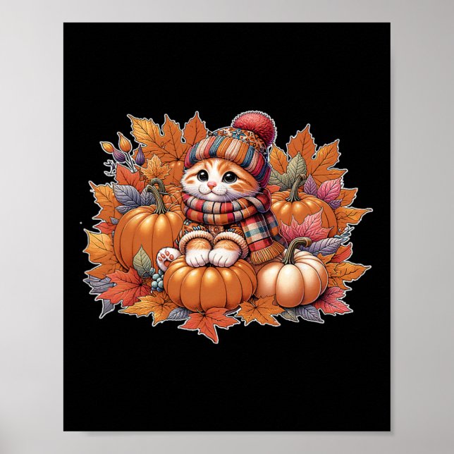 Cat-fall-leaves-hello-autumn-cat-kitten-lover-than Poster (Front)
