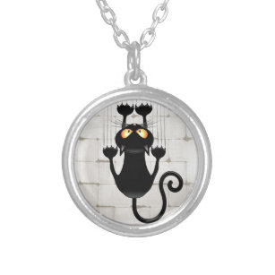 Cat Falling down fun cartoon character Silver Plated Necklace