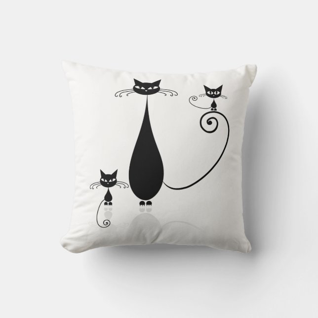 Cat Family  Black Stylized Cats Throw Pillow (Front)