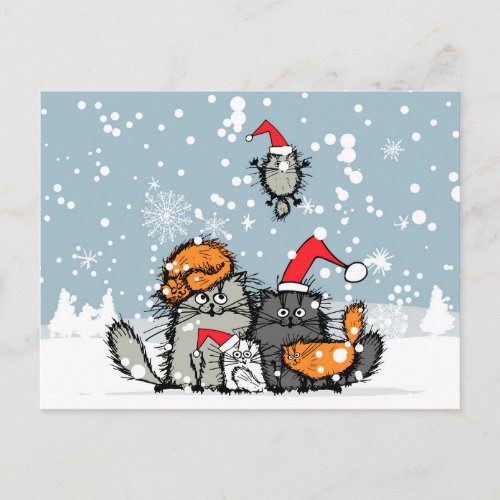 Cat Family Christmas snow cartoon funny Holiday Postcard