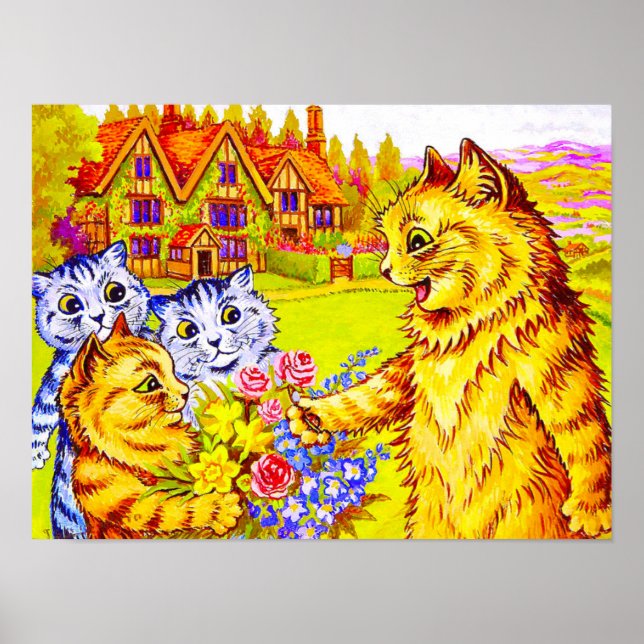 Cat Family in Garden Poster (Front)