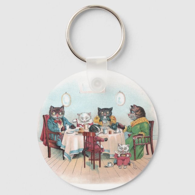 Cat Family Sits Down to Breakfast Keychain (Front)