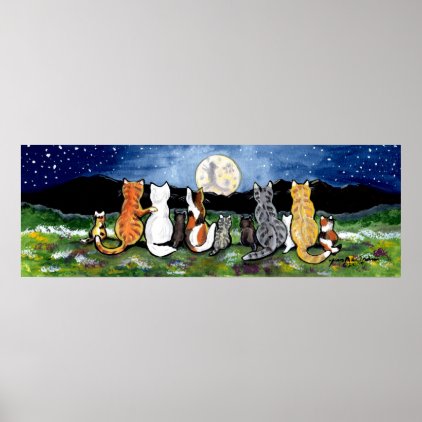 Cat Family Watching Moon Night Poster Navy Tabby