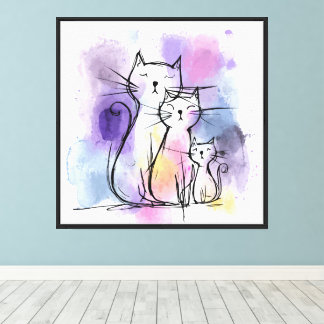 Cat Family Watercolor Giclee Canvas Wall Art