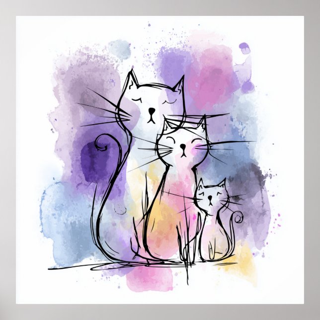 Cat Family Watercolor Giclee Poster Wall Art (Front)