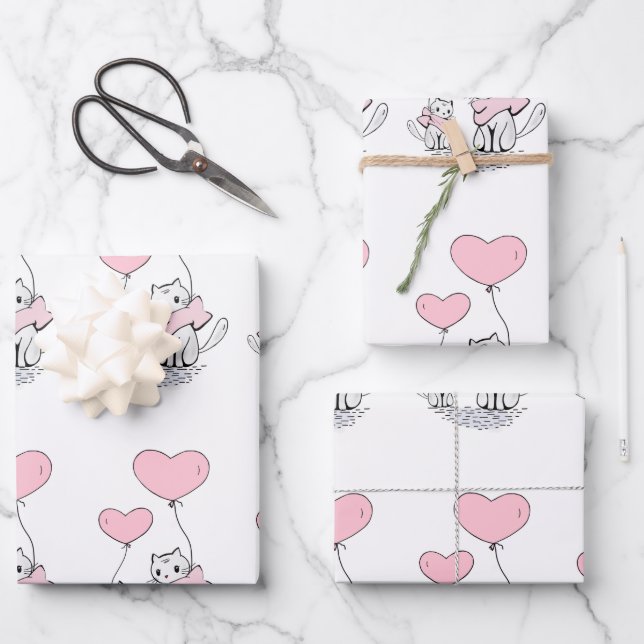 Cat Family With Pink Heart Balloons Wrapping Paper Sheets (Front)