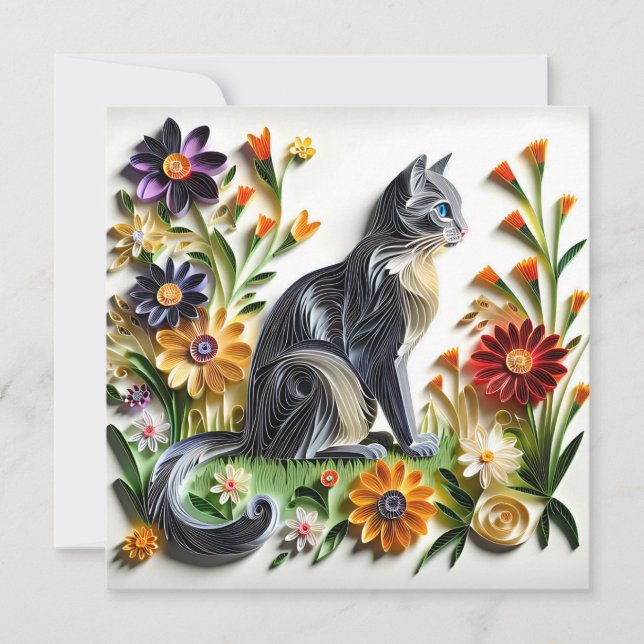 Cat Faux Paper Quilling Cat and Flowers Card (Front)