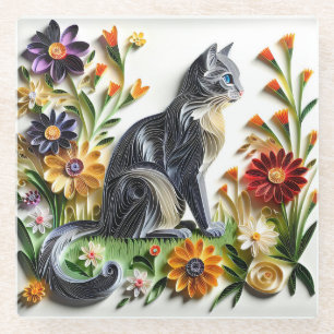 Cat Faux Paper Quilling Cat and Flowers Glass Coaster