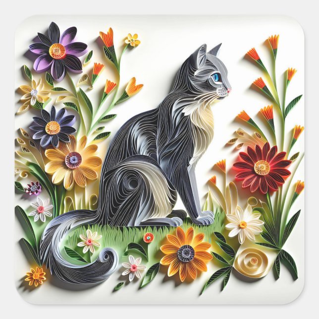 Cat Faux Paper Quilling Cat and Flowers Square Sticker (Front)