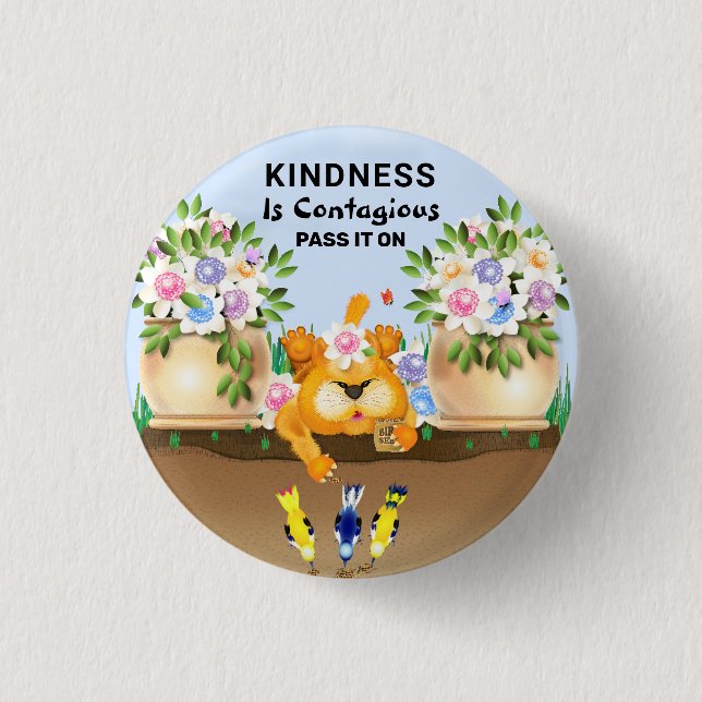 Cat Feeding Birds Friendship Kindness Button (Front)