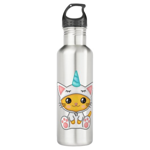 Cat Feline Kitten Kawaii Cartoon Unicorn Whiskers Stainless Steel Water Bottle