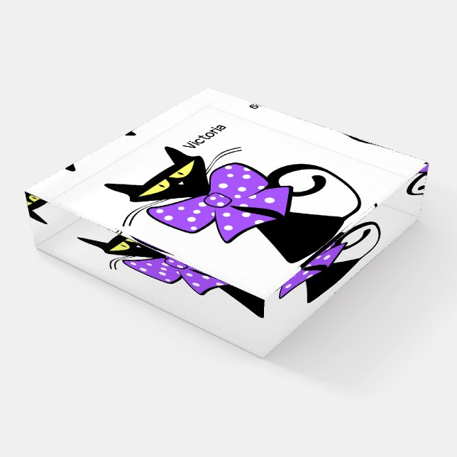 Cat Feline Purple Bow Paperweight (Angled)