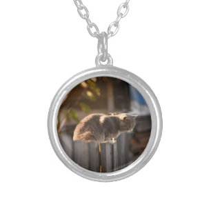Cat, Fence, Wooden Silver Plated Necklace