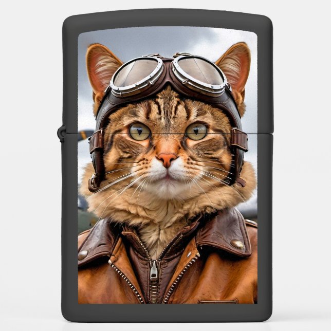 Cat Fighter Pilot Zippo Lighter Black (Front)