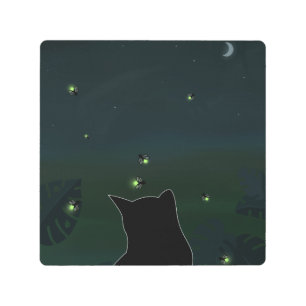 CAT & FIREFLIES NIGHT METAL WALL ART 8X8