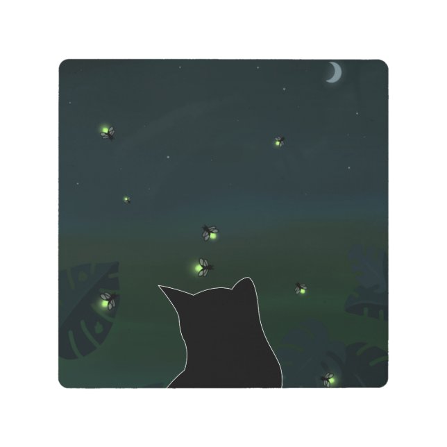 CAT & FIREFLIES NIGHT METAL WALL ART 8X8 (Front)