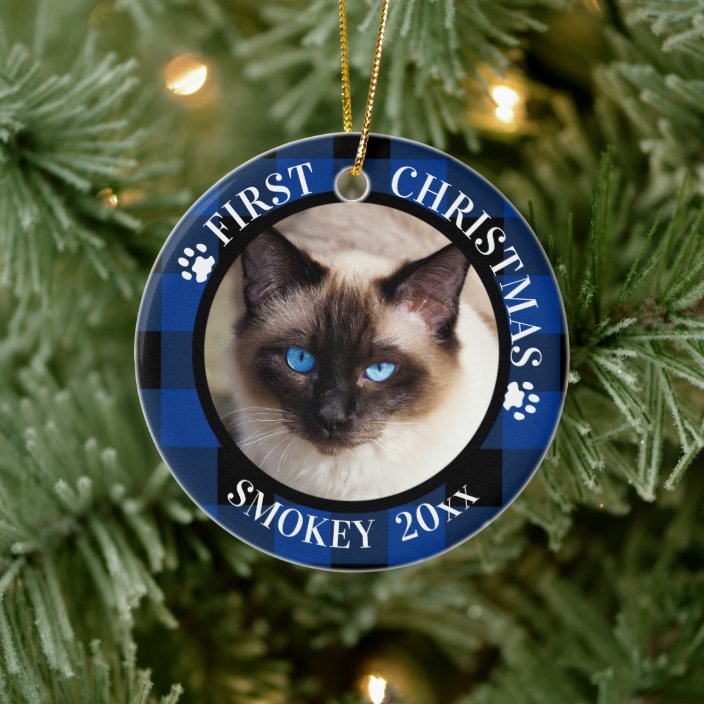 Cat First Christmas 2 Photo Blue And Black Plaid Ceramic Ornament Zazzle Com