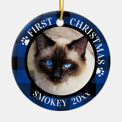 Cat First Christmas 2-Photo Blue and Black Plaid Ceramic Ornament