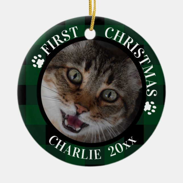 Cat First Christmas 2-Photo Green and Black Plaid Ceramic Ornament (Front)