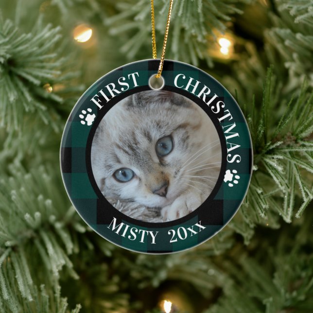 Cat First Christmas 2-Photo Teal and Black Plaid Ceramic Ornament (Tree)
