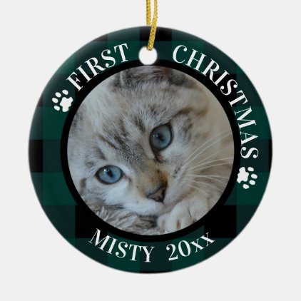 Cat First Christmas 2-Photo Teal and Black Plaid Ceramic Ornament