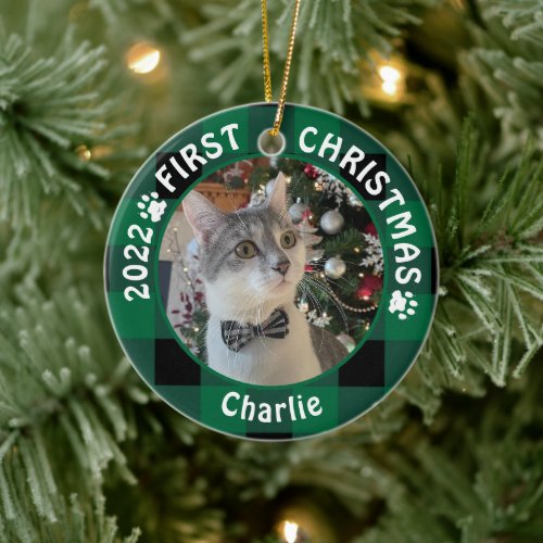 Cat FIRST CHRISTMAS Green Buffalo Plaid 2 Photo Ceramic Ornament