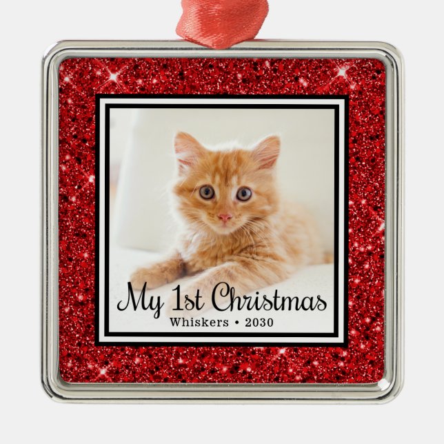 Cat First Christmas Photo Metal Ornament (Front)