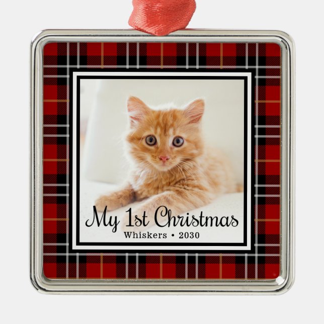 Cat First Christmas Photo Metal Ornament (Front)